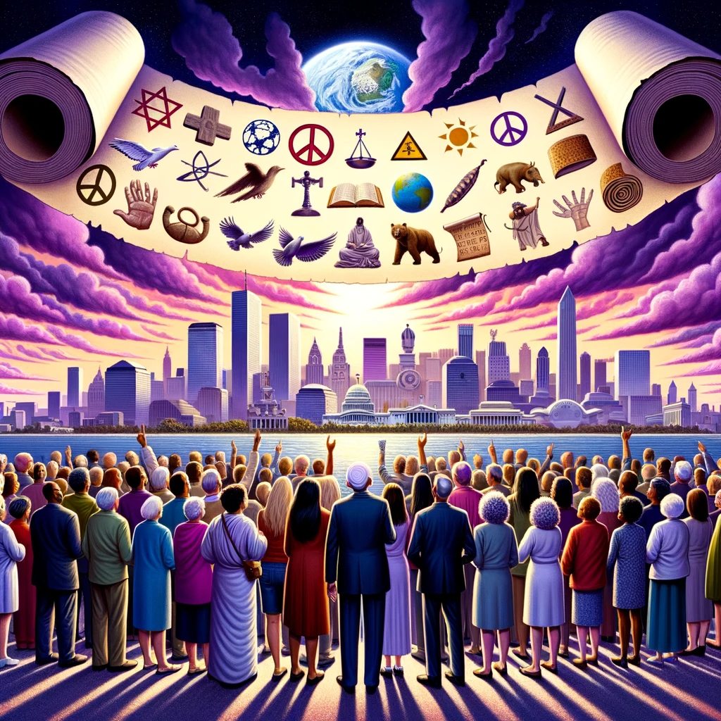 A diverse group of U.S. adults looking up at an ancient scroll from the sky, displaying biblical symbols and world events. The backdrop shows a city skyline alongside religious landmarks, all under a twilight sky.
