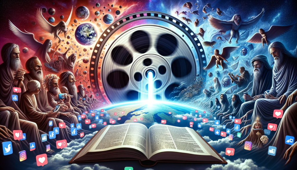 Media elements like movie reels and books intertwined with biblical symbols, indicating media's influence on religious beliefs