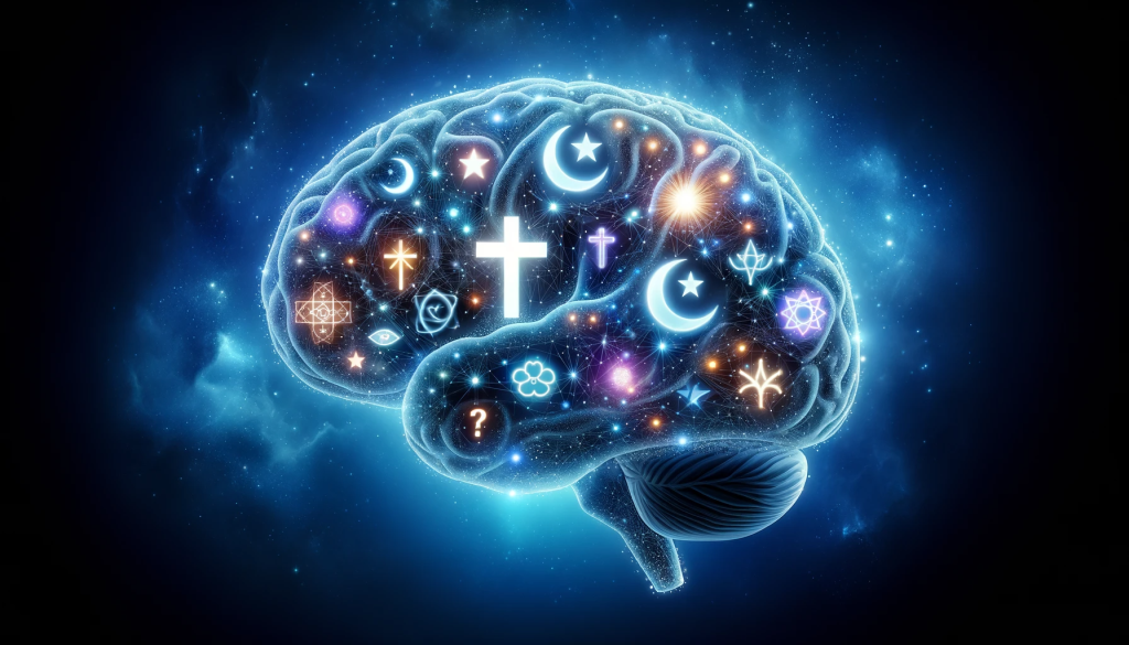 Illuminated human brain filled with religious symbols and question marks, emphasizing the psychological facets of end times beliefs.