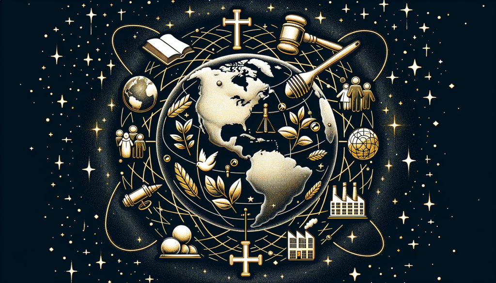 Global illustration with societal and biblical icons, showcasing the societal repercussions of end times prophecies.